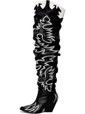 Women's Black Rubber Thigh High Knee Chunky Block Heel Fashion Cowgirl Boots